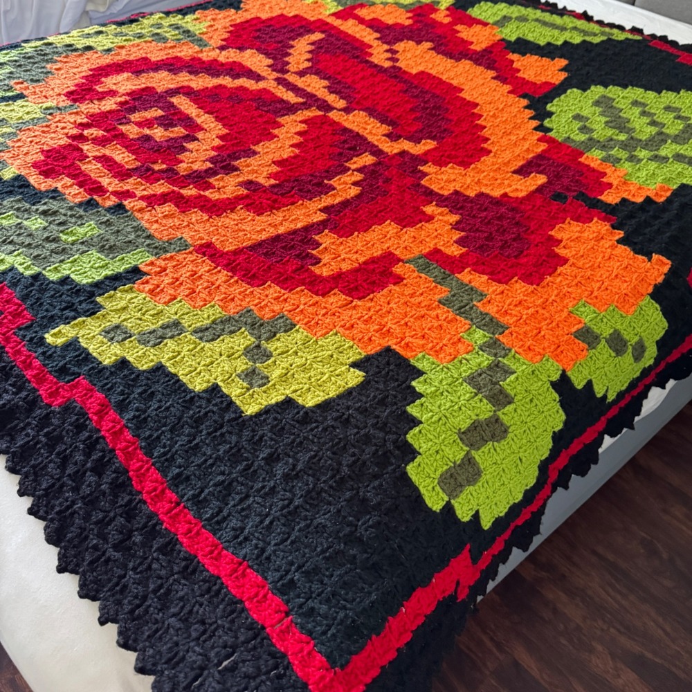 Handmade Crochet Rose Throw Blanket Black Red Orange Floral Pixel Afghan 72x70" - Picture 2 of 14
